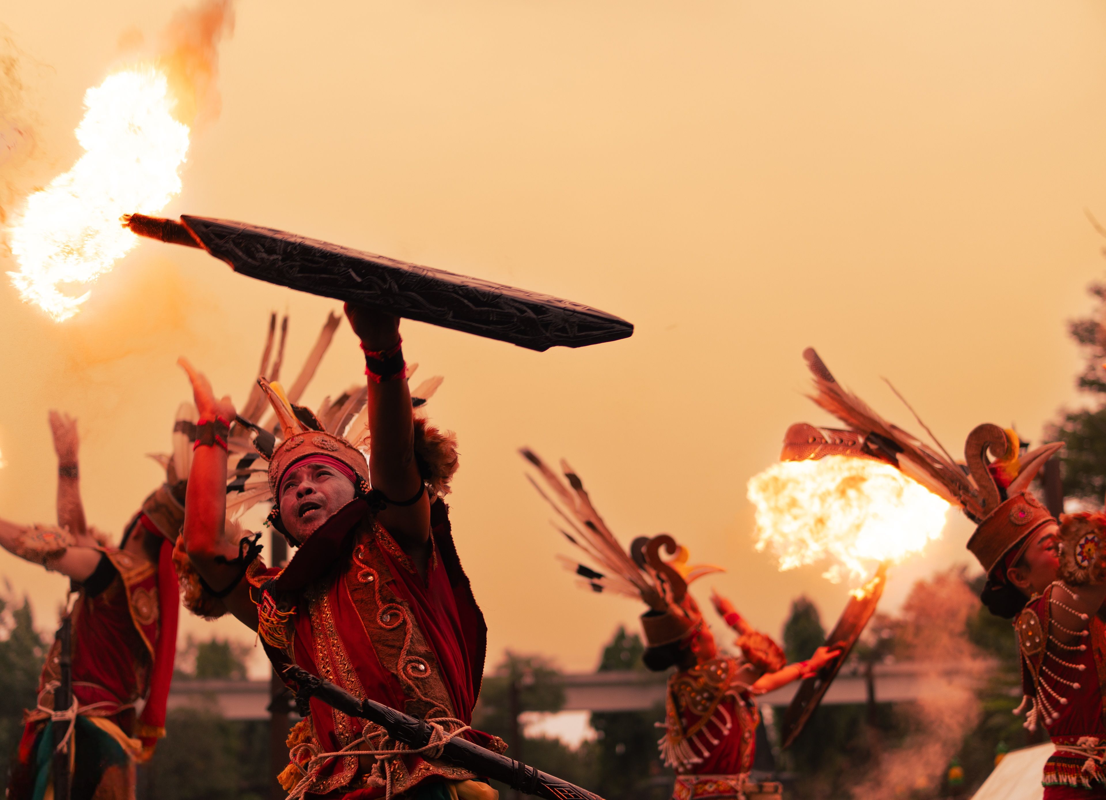 A traditional Balinese fire dance in a temple courtyard