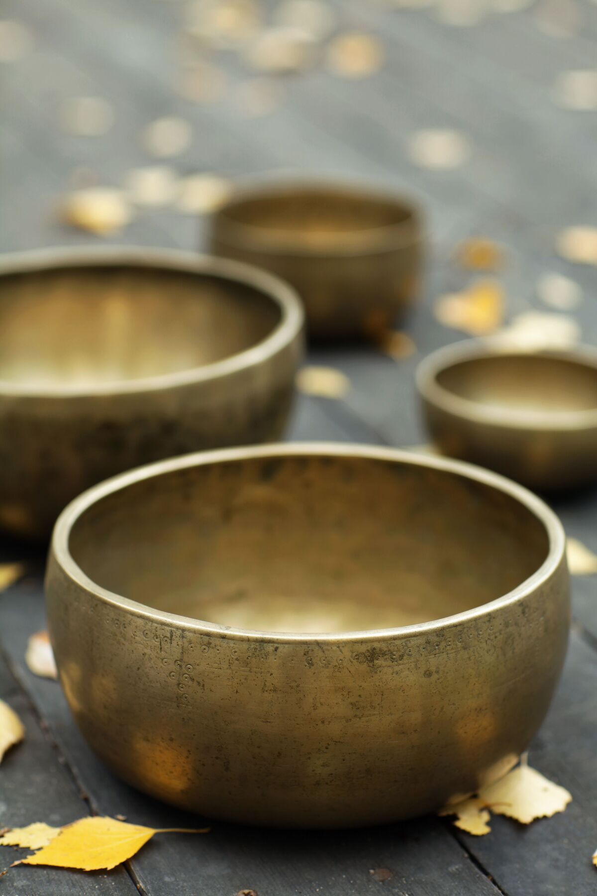 Singing bowls set out for a healing session