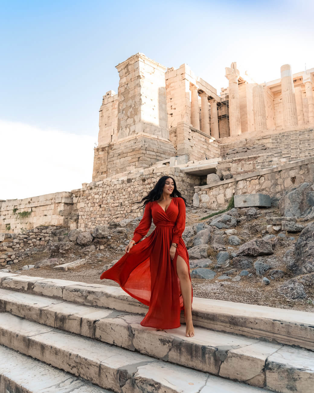 Isabella in red dress in Athens