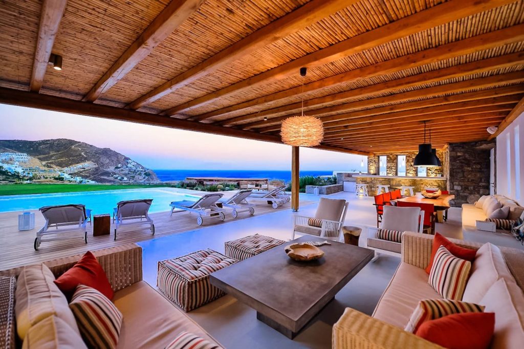 The open air dining area of Ginger White villa, a luxury Airbnb in Mykonos