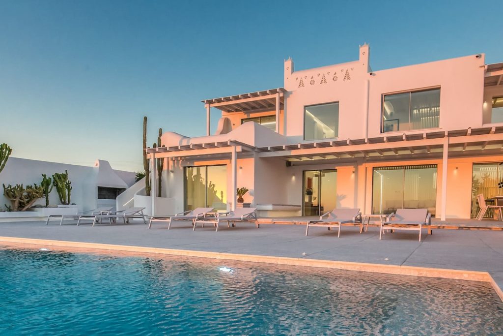 Pool and facade of Futura Airbnb in Mykonos