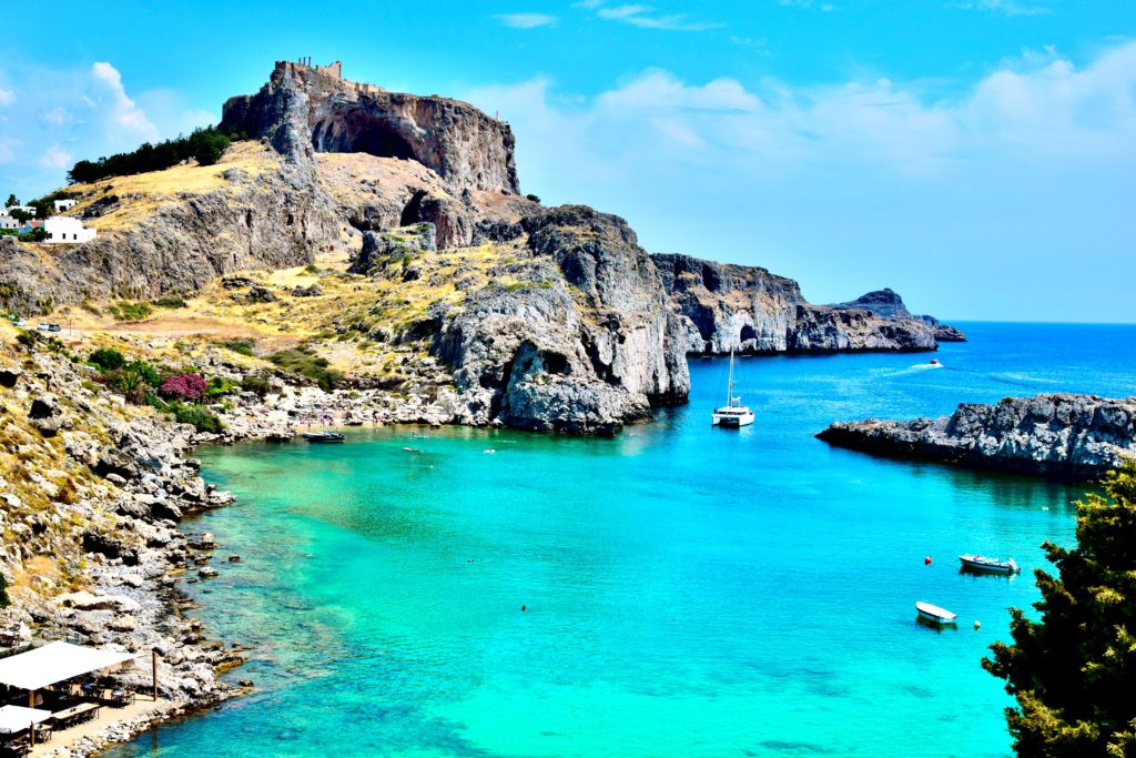 Monolithos Castle towering above the sea, Rhodes, Greece 