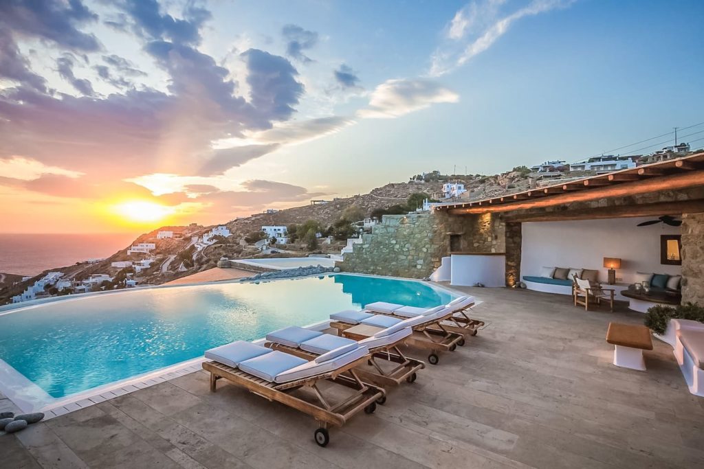 Pool area in Villa Phos, a luxury Airbnb in Mykonos