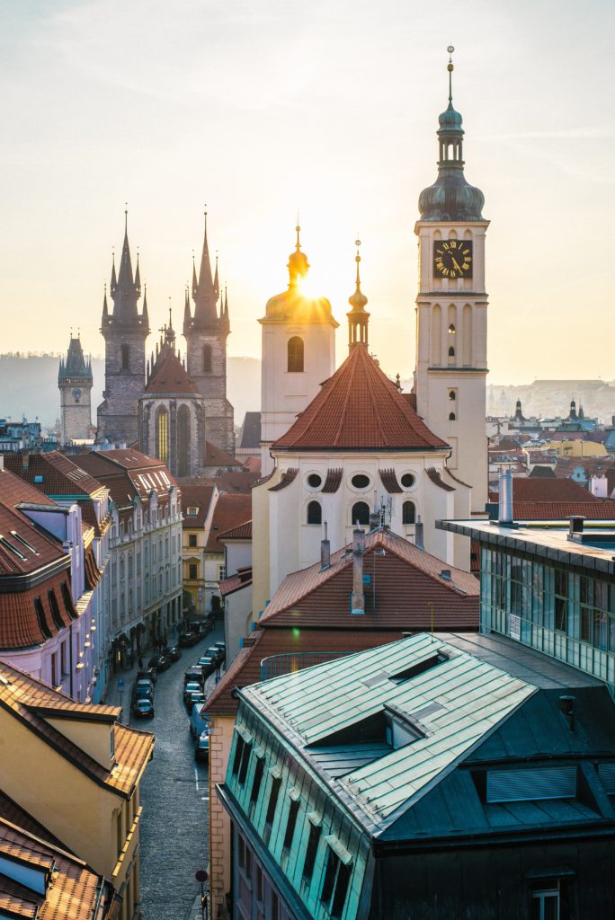 Sun setting over Prague, Czech Republic