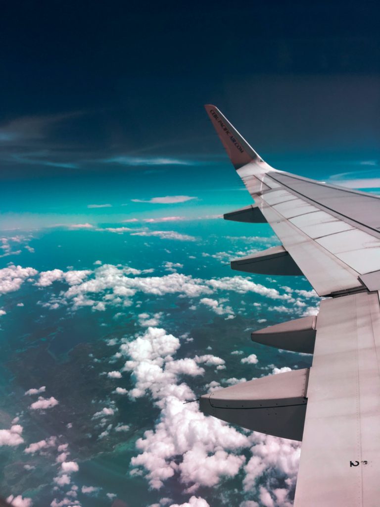 Airplane flying through the clouds 