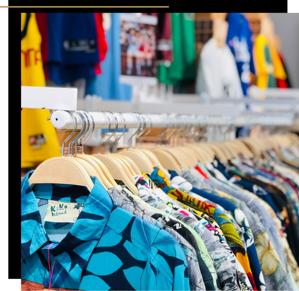 Hawaiian shirts hanging on a rack