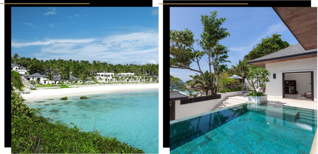 First picture: the white shores in front of the Racha resort. Second photo: a private pool villa at the Racha on Racha Yai Island, 12 miles south of Phuket.