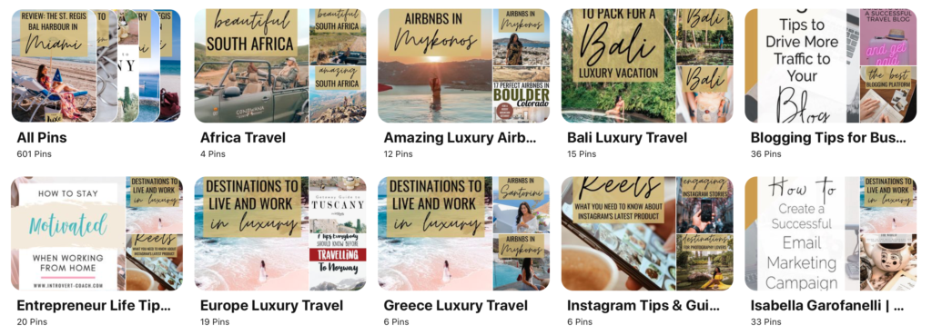 Screenshot of Pinterest boards