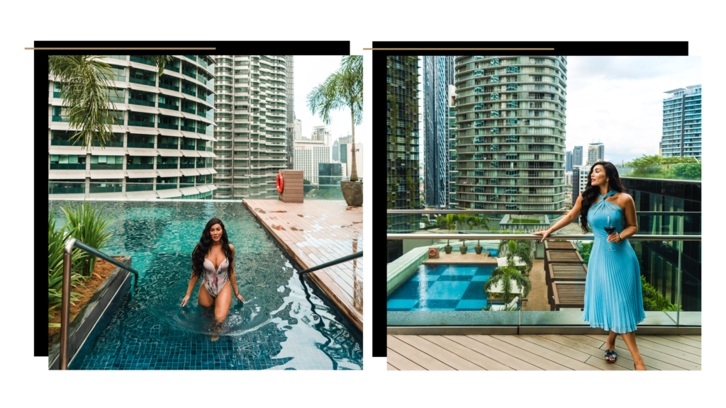 First photo: Isabella in the pool at the Four Seasons Kuala Lumpur. Second photo: Isabella on a balcony with a cocktail at the Four Seasons