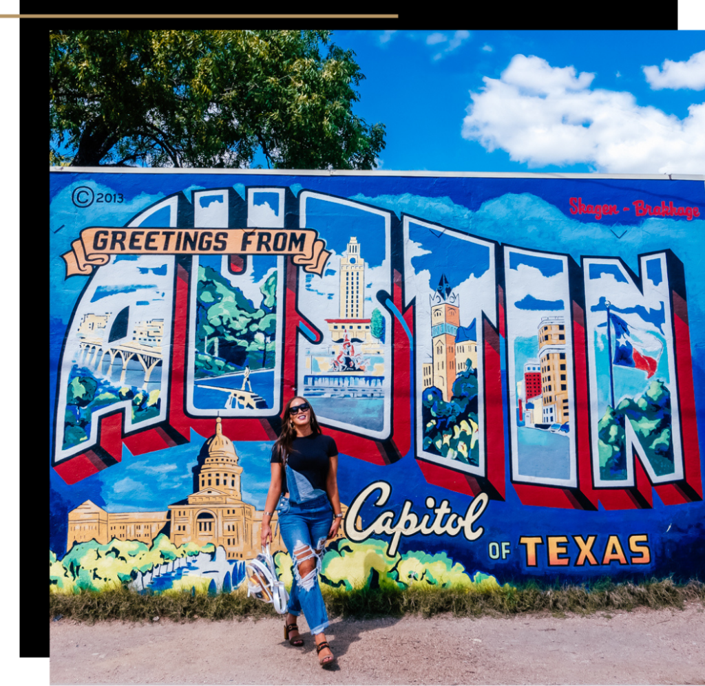 Isabella in front of the Austin mural