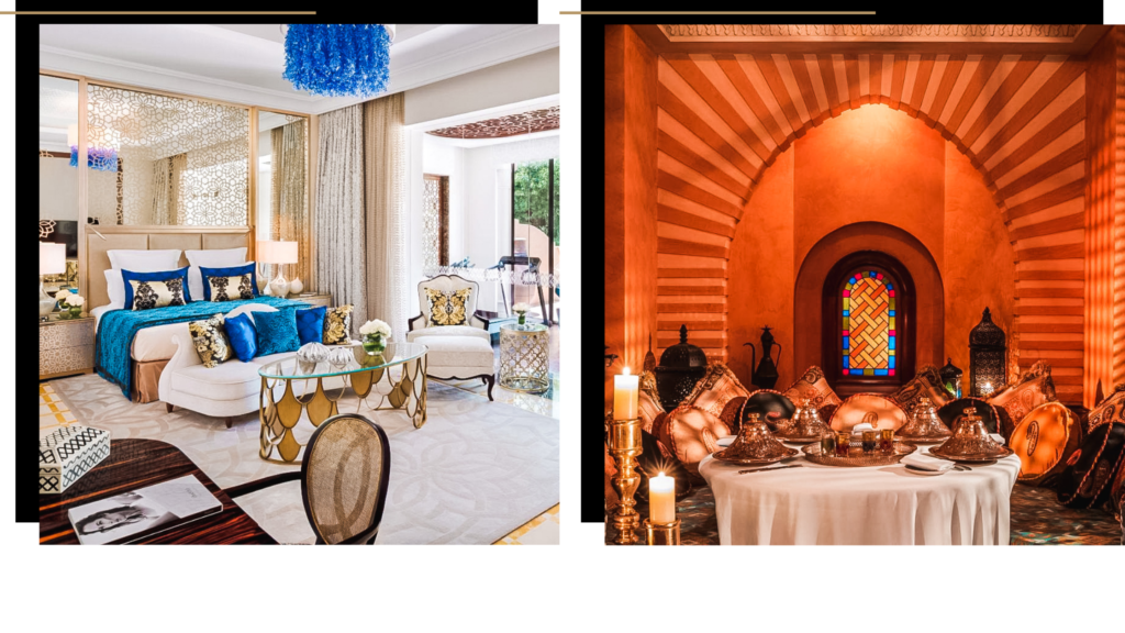 Bedroom and restaurant at the One&Only Royal Mirage one of the most luxurious hotels in Dubai