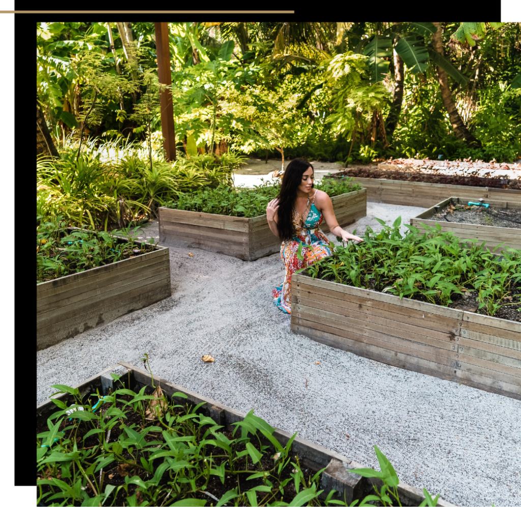 Isabella in the garden at Pullman Maldives Maamutaa, one of the best luxury wellness resorts in The Maldives