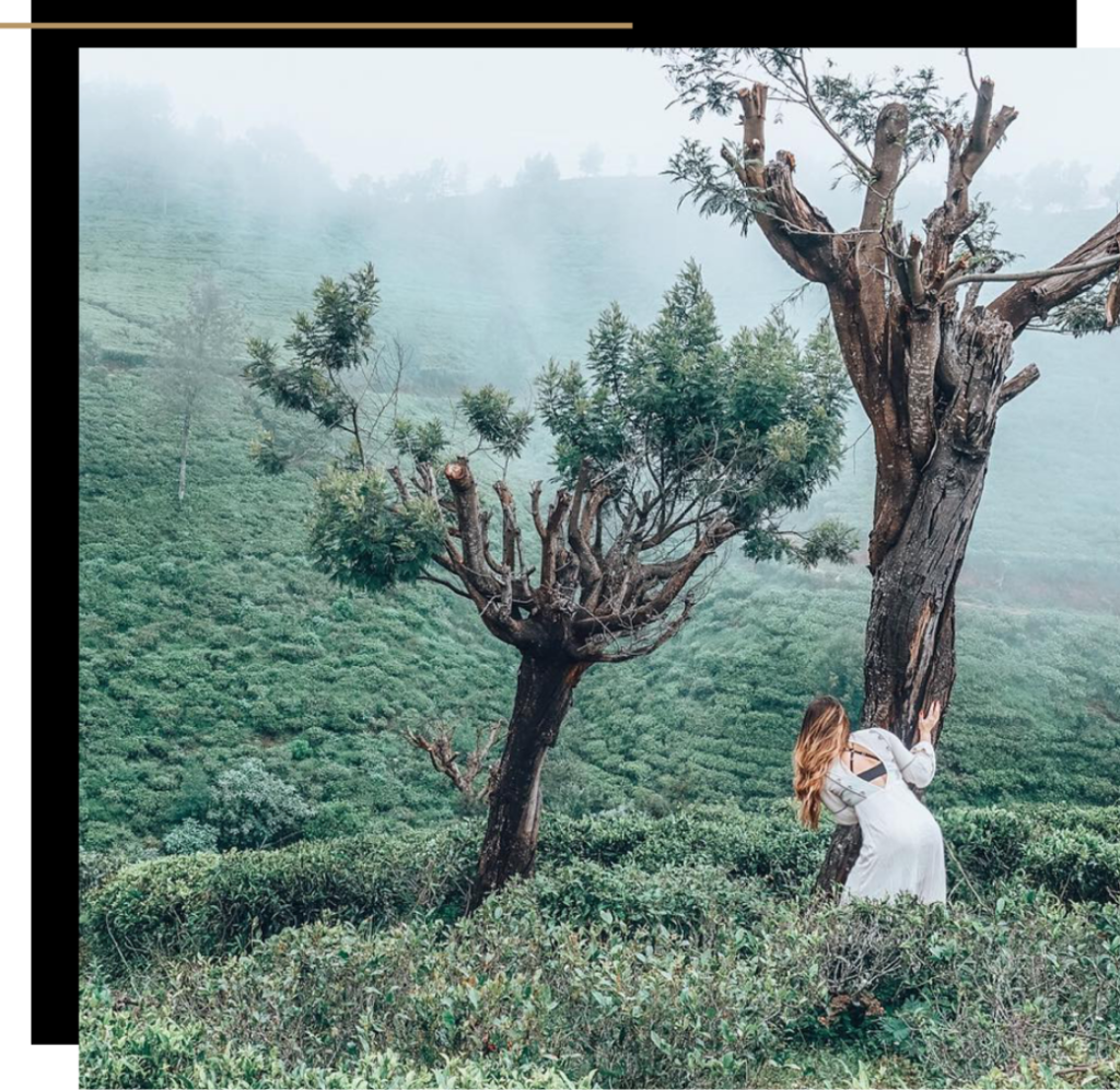 Isabella in fields behind a tree