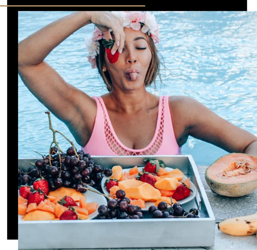 Isabella with a floating breakfast and strawberries