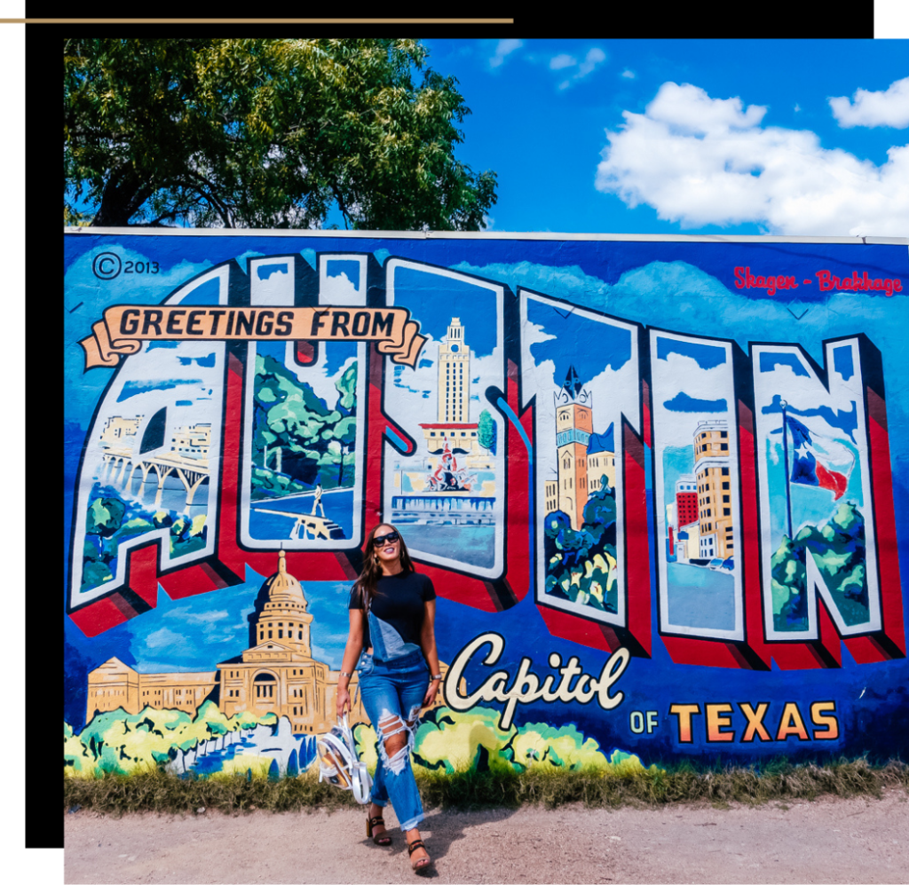 Isabella standing in front of the Austin Texas Mural