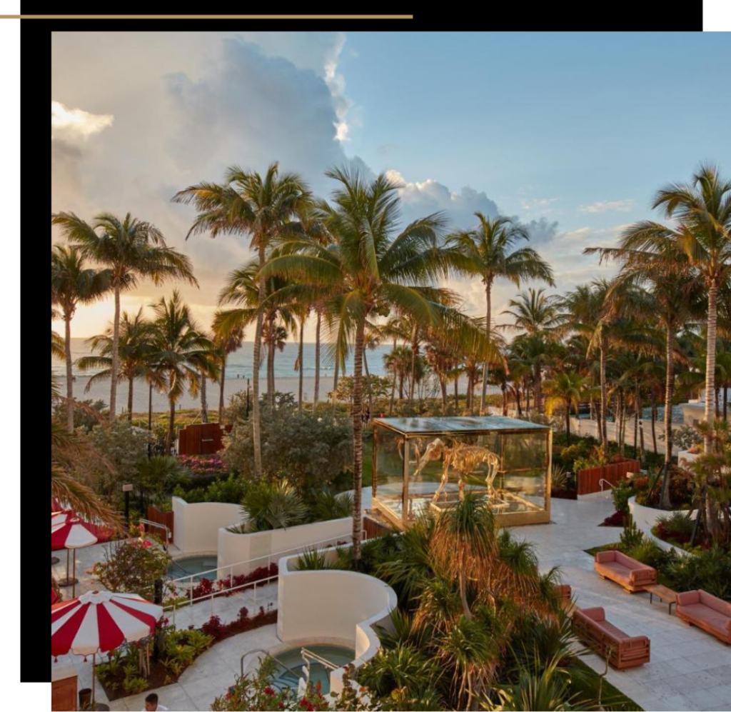 The pool area and golden elephant at the Faena Hotel and Miami